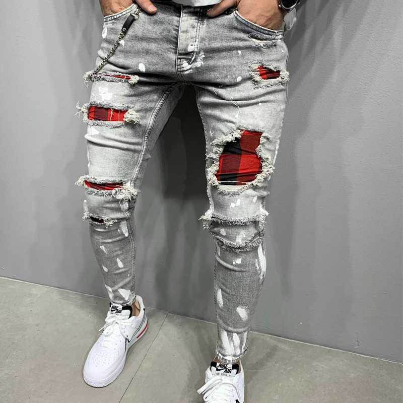 Men Pure Color Grid Jeans Gray Patchwork Hip Hop Pants Slim Fit Elastic Hip-hop Style Pencil 220408