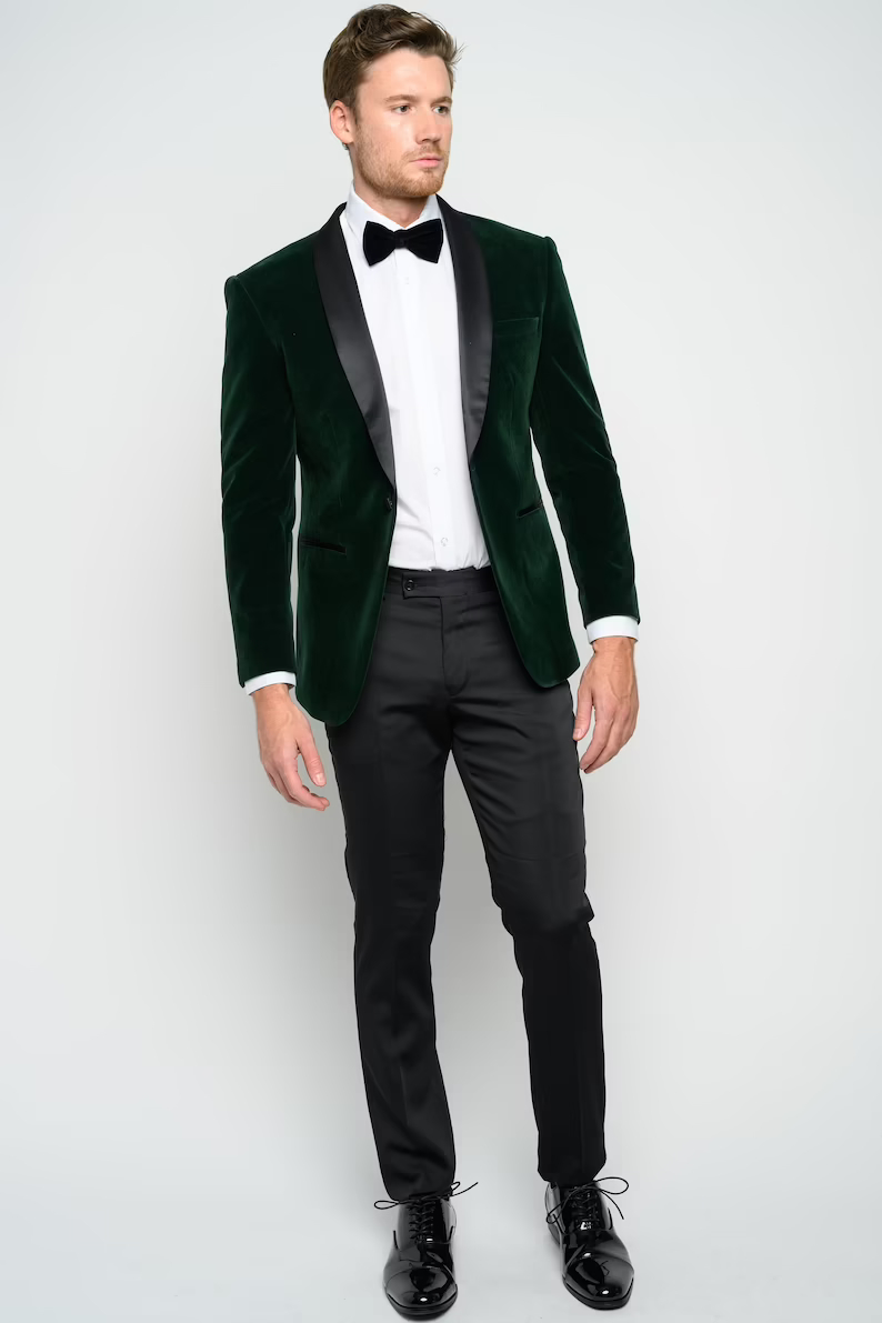 Dark Green Men Suits Velvet Wedding Tuxedos Slim Fit Shawl Lapel Man Tuxedo One Button Groom Formal Wear 2 Piece Prom Party Blazer Jacket+pants