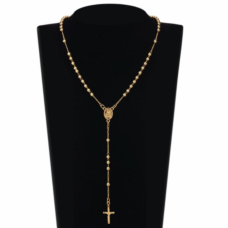 Chains Stainless Steel Beads Necklace Gold Color Rosary Necklaces Pendants Jesus Christ Cross Long Chain Men Women Jewelry Gift NZ009Chains