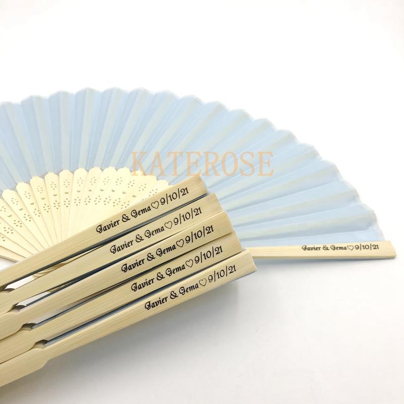 Light Blue Silk Fabric Hand Fan Customized Wedding Party Decoration Favors Small Foldable Fans Printing Text