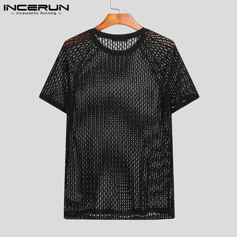 Men T Shirt Solid Color Hollow Out See Through Streetwear Short Sleeve O Neck Tops Vacation Casual Sexy Camisetas INCERUN 7 D220611