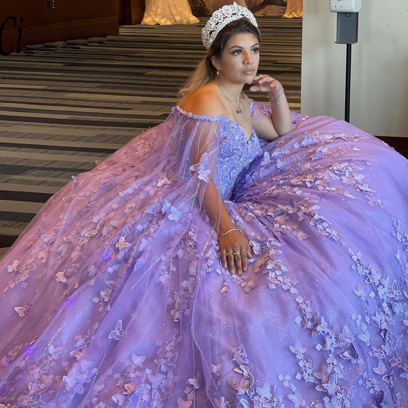 Amazing Lace Butterfly Quinceanera Dresses Off the Shoulder Sweet 15 Gowns with Cape Pocket Glitter Ball Gown Teens Girls Birthday Party Dress