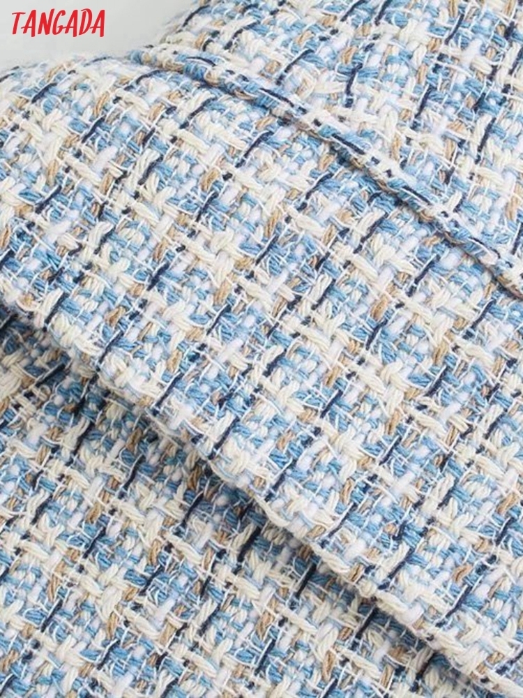 Tangada Women Winter Office Lady Blue Tweed Thick Blazer Coat Vintage Double Breasted Female Outerwear BE579 220402