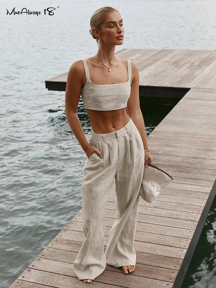 Mnealways18 Cotton Linen Women Summer Outfit Sleeveless Crop Top And Palazzo Pants 2 Piece Set Female Midriff Suits 220509