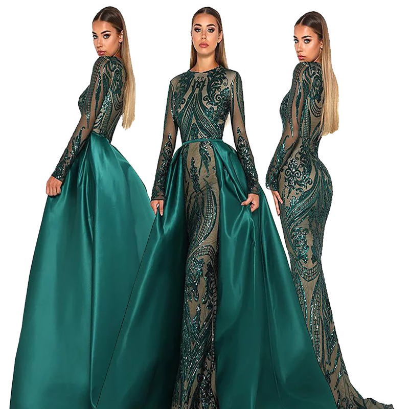 Vintage Dubai Mermaid Evening Dress With Detachable Train Muslim Sequin Prom Dresses Emerald Green 2022 Long Sleeve Formal Party Gowns Abaya Caftan ro