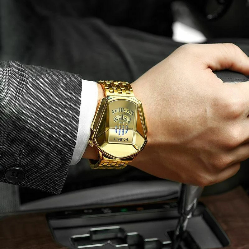 HOURSLY Trend Cool Men's Wrist Watch Stainless Steel Technology Fashion Quartz Watch For Men Relogio Masculino 220608