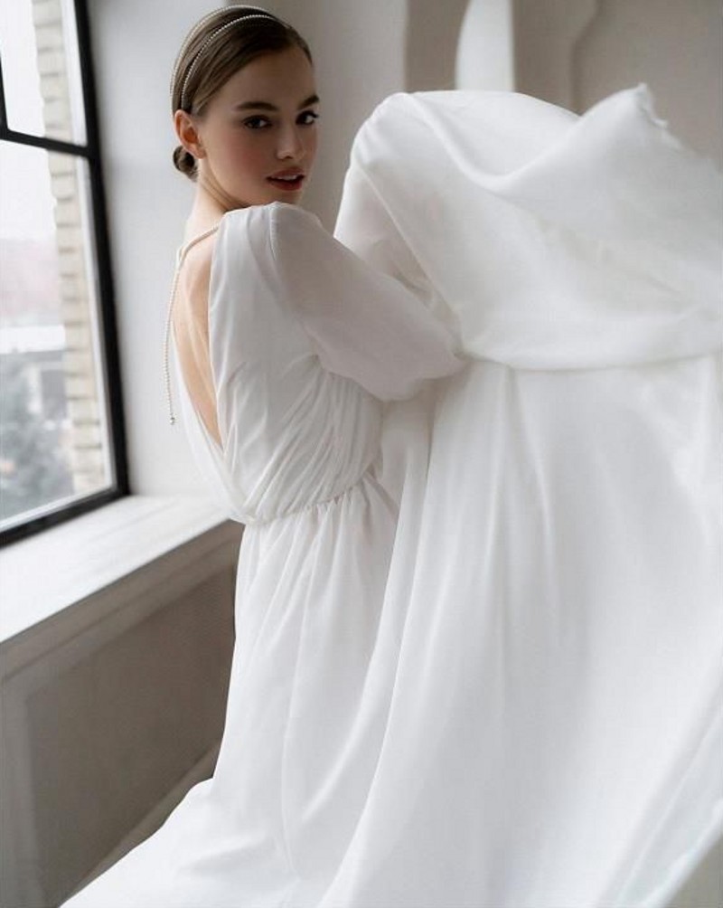 White Chiffon Scoop Long Sleeves A-Line Wedding Dresses 2022 Chapel Train Custom Made Bridal Gowns Vestidos De Noiva Simple