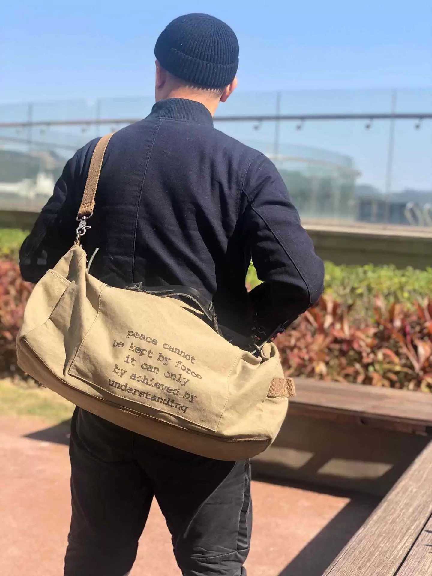 Suitcases Men's Msenger Ami Khaki Encrypted Canvas with Tree Cream Cowhide Travel Bag