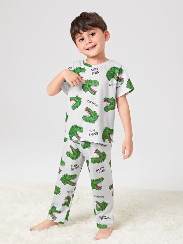 Toddler Boys Letter Dinosaur Print Tee & Pants Lounge Set SHE