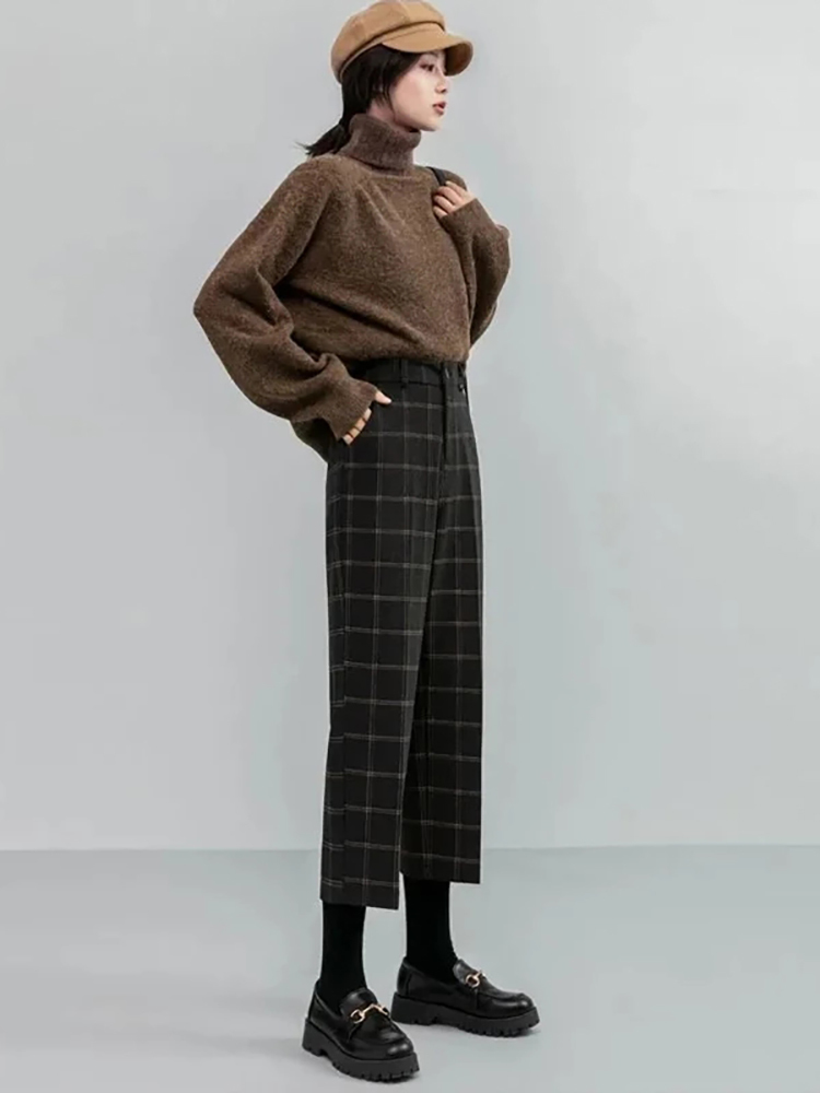 Luck A Autumn Winter Women Plaid Pencil Pants Woolen Straight Trousers Female High Waist Loose England Style Ankle-length 220325