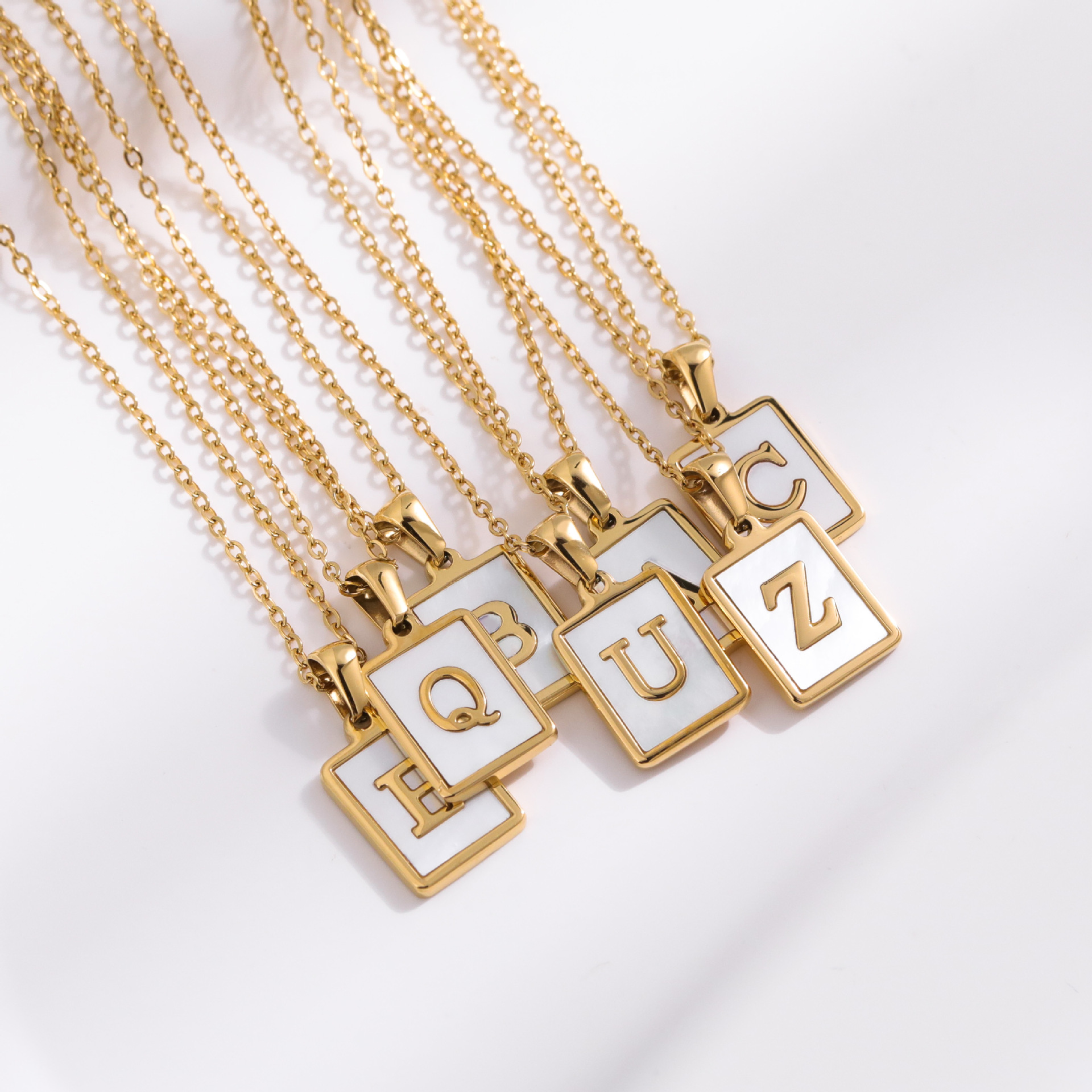 Golden Necklace A-Z Alphabet Stainless Steel Shell Square Pendants Jewelry Letters Name