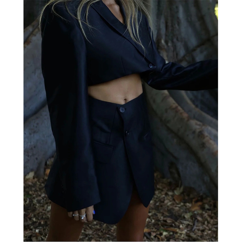 Northflow Matching Set Blazer And Skirts Women England style Navel Exposed Short Empire Blazer Feminino Femme Two Piece Set 220816