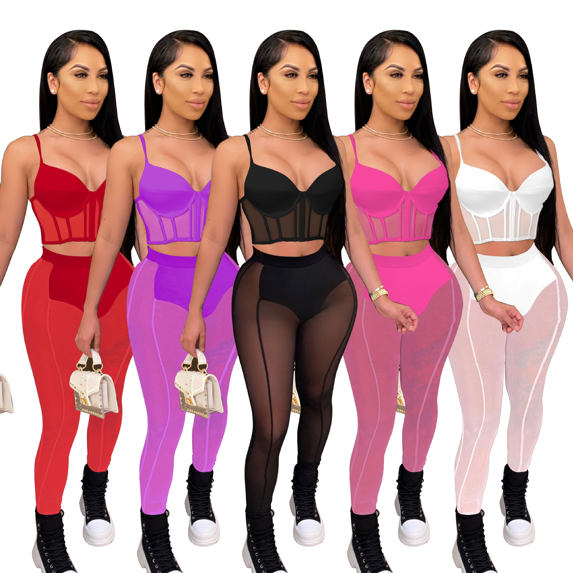 New Design Solid Mesh See Through Tracksuits For Women Sleeveless Sling Crop Top And Slim Pants Sexy Nightclub Two Piece Sets FA8210, Red 
New Design Solid Mesh See Through Tracksuits For Women Sleeveless Sling Crop Top And Slim Pants Sexy Nightclub Two Piece Sets FA8210, Red