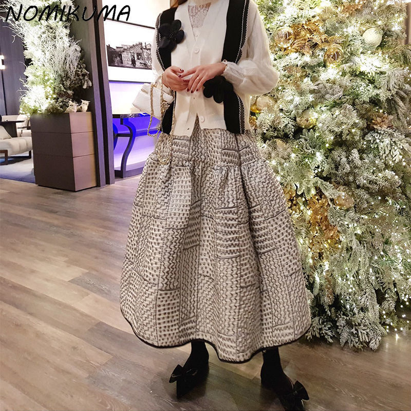 Nomikuma Korea Jacquard Patchwork Woman Skirts Spring Bottoms Fashion High Waist Causal A-line Skirt Faldas Mujer Moda 220322