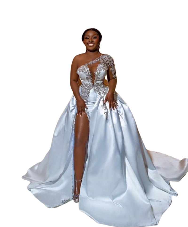 One Shoulder Long Sleeve Wedding Dresses with Detachable Train Sparkly Lace Beaded Arabic Aso Ebi High Slit Garden Beach civil Wedding Bridal Gown