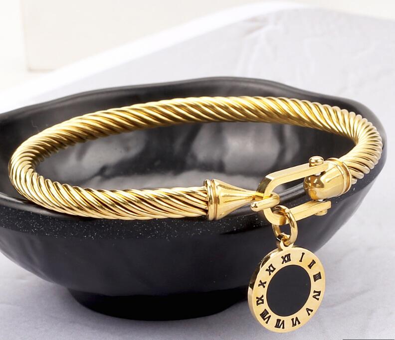 Titanium Steel Cable Wire Gold Color Love Heart Charm Bangle Bracelet With Hook Closure For Women Men Wedding Jewelry Gifts GC860