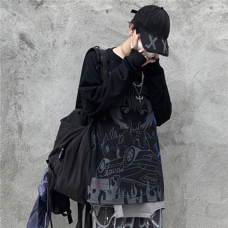 T-shirt Men And Women Retro High Street Dark School Students Secondary Anime Printing Hip Hop Long Sleeve Harajuku 220321