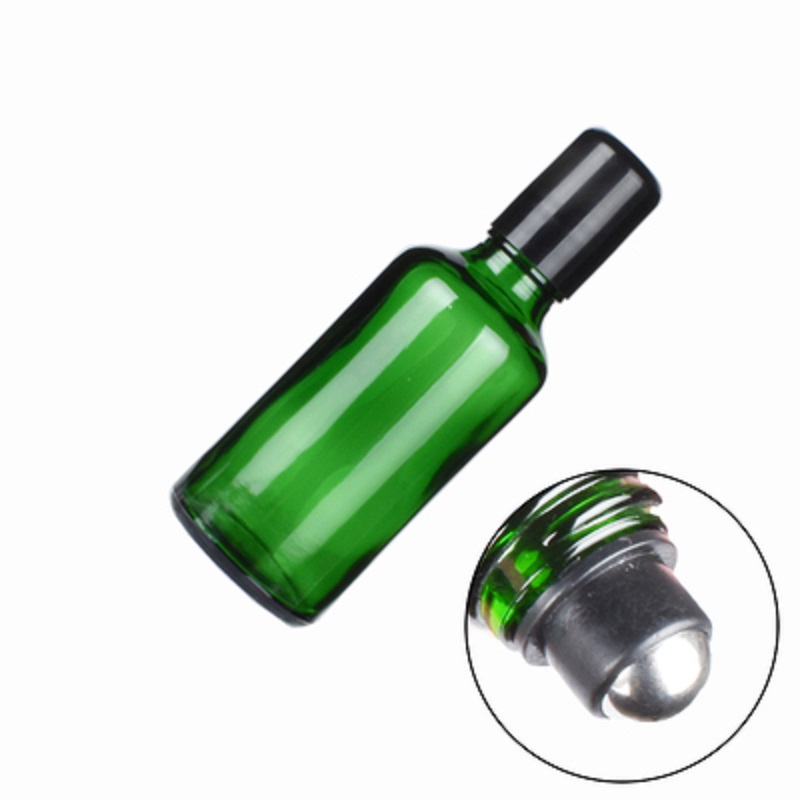 Empty Packing Green Glass Bottle Black Screw Lid Essential Oil Steel Roller Vials Portable Refillable Cosmetic Packing Container 5ml 10ml 15ml 20ml 30