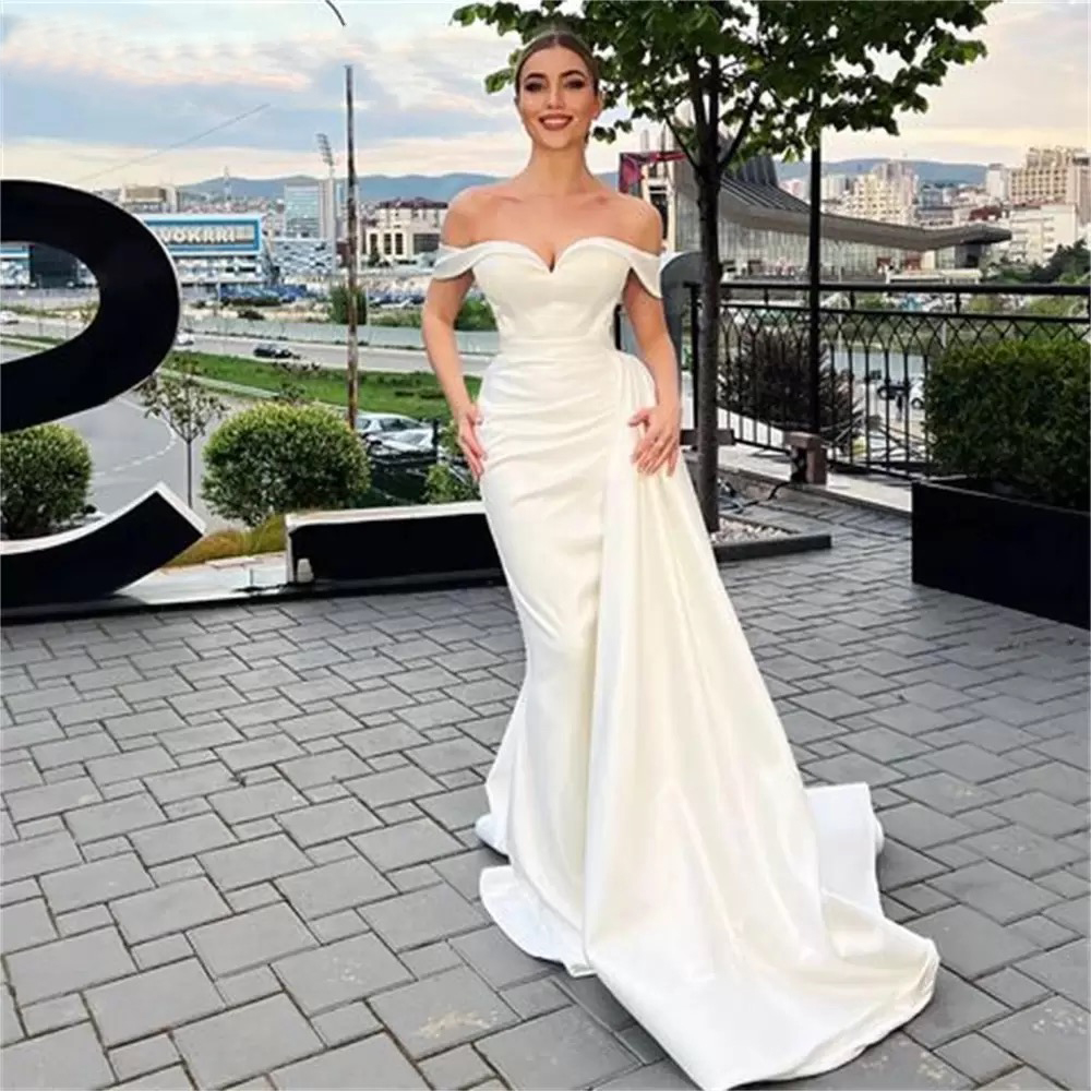 Sexy Off Shoulder Mermaid Wedding Gowns Elegant Satin Arabic Aso Ebi Vintage Boho Garden Bridal Dresses Sweep Train Peplum Vestidos De Novia Reception