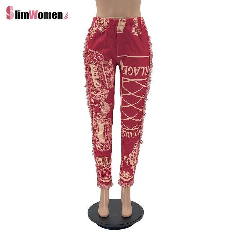 Vintage Side Tassels Patchwork Striped Print Jogger Pant Women Rave Festival Clothing Casual Streetwear Bodycon Sweat Pants 220325