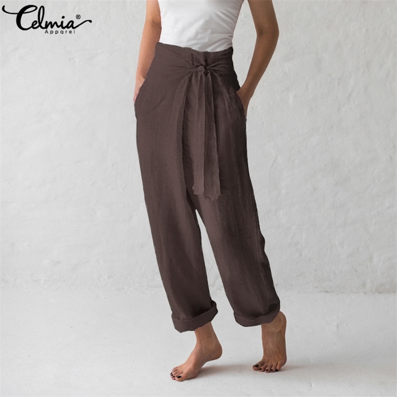 Celmia Women Vintage Linen Wide Leg Pants 2019 Summer Female Bottoms Casual Loose Harem Pant Pockets Long Pantalon Plus Size 5XL T200319