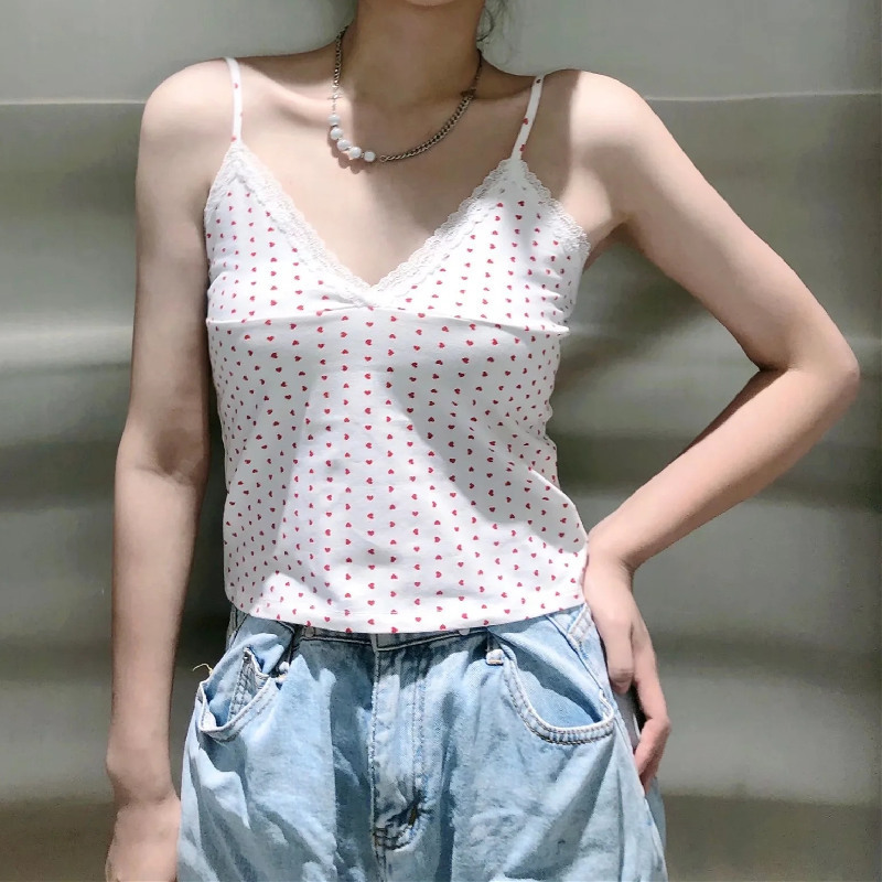 PUWD Women White Lace Tanks Spring Fashion Ladies Vintage Slim V Neck Sweet Sling Camis Girls Cute Red Love Y2K Crop Tops 220325