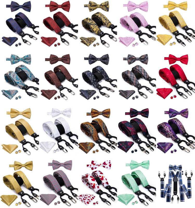 HiTie Vintage Silk Mens Suspender Set Fashion Gold Floral and Bow Tie Leather Metal 6 Clips Braces 220812