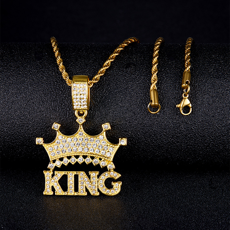Designer 18K Gold Silver Stainless Steel King Crown Letter Pendent Necklace for Men Cubic Zircon Simulated Diamond Necklace Cool Jewelry Gift