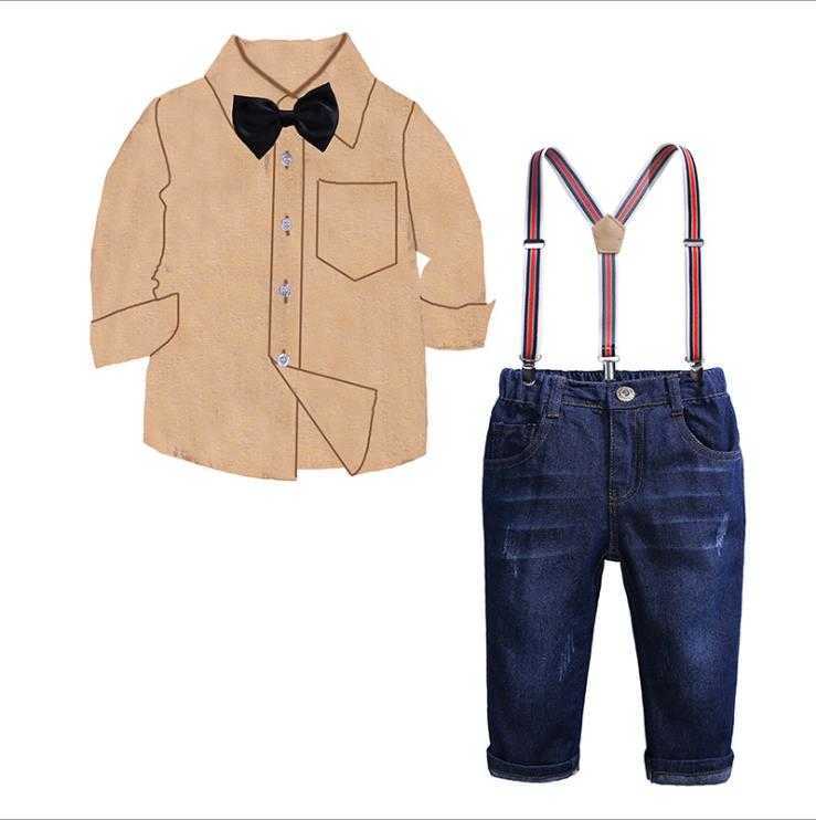 Clothing Autumn Set Boys Gentleman Suit Kids Long Sleeve Bow Tie Plaid Shirt Straps Jeans Pant Children Outfits45pu
