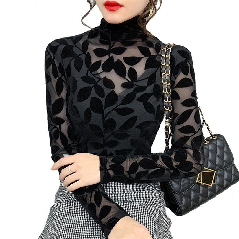 Korean style High neck Velvet Mesh Tops Long-sleeved Black bottoming shirt Sexy Women's t-shirt 220328