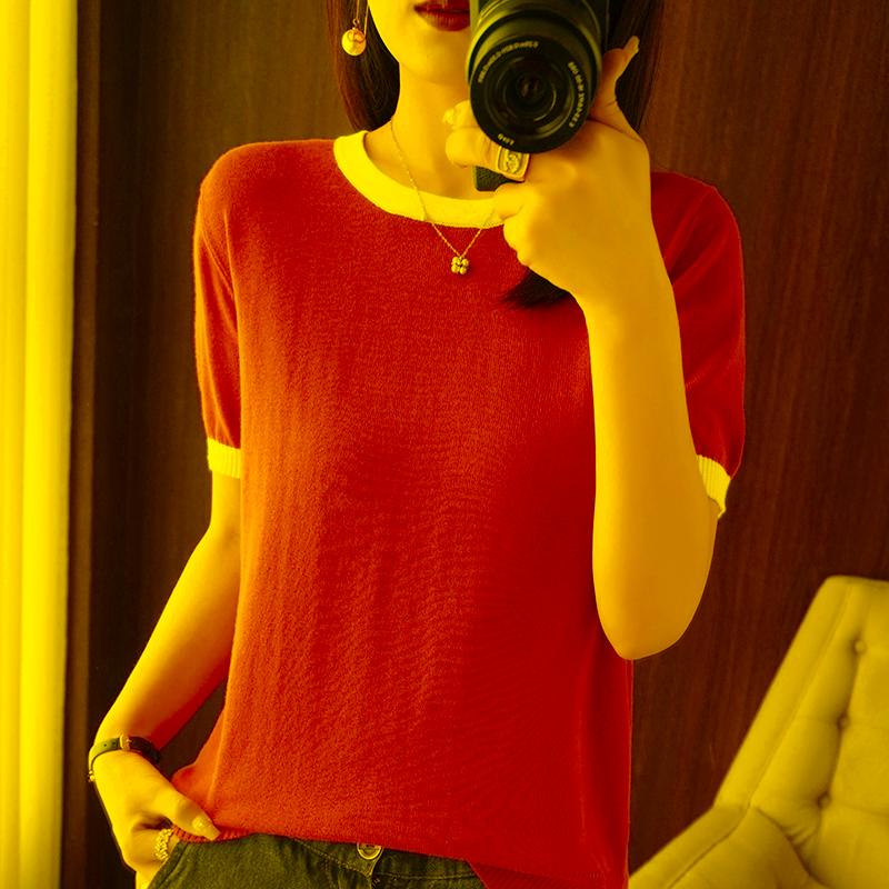 Women' T-Shirt Spring And Summer Cotton Knitted Round Neck Women' Contrast Color Loose Thin Short-Sleeved Bottoming TopWomen, Blue
Women' T-Shirt Spring And Summer Cotton Knitted Round Neck Women' Contrast Color Loose Thin Short-Sleeved Bottoming TopWomen, Blue