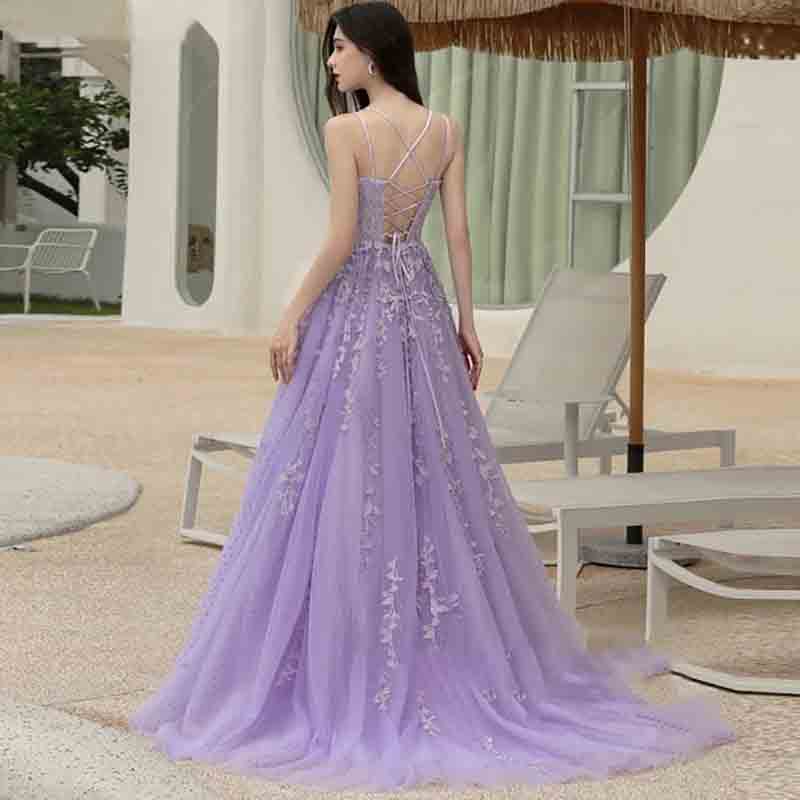 Luxury Lilac Lace Evening Dress 2022 Sexy Spaghetti Straps Corset Long Prom Dresses With Beaded Floor Length Tulle Formal Graduation Party Women Vesti