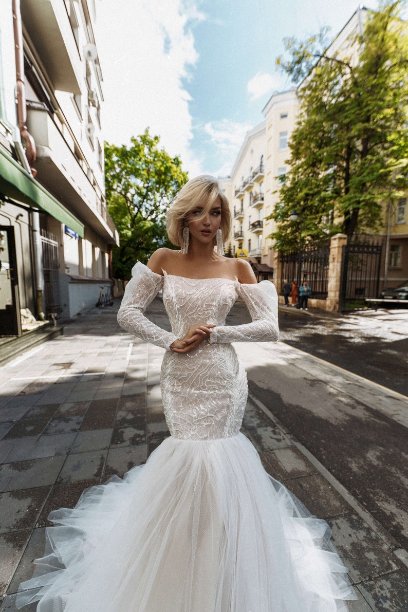 Fishtail Mermaid Beach Wedding Dresses Off Shoulder Long Sleeve Lace Tulle Outdoor Bohemian Bridal Gown vestidos de novia pegados