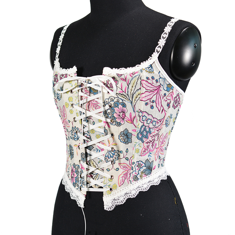 Women Floral Lace Camis Cropped Corset Fashion Linen Flower Printed Tanks Vintage Plastic Boned Overbust Bustier Tupe Tops Cyber Baby Tee Ropa Fairyco
