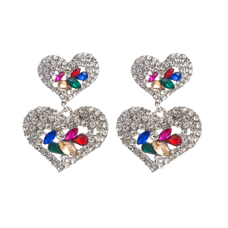 Fashion Exaggerated Studs Drop Earring Crystal Rhinestone Double Heart Dangle Wild Long Peach Love Heart Earrings for Women Wedding Modern Party Jewel