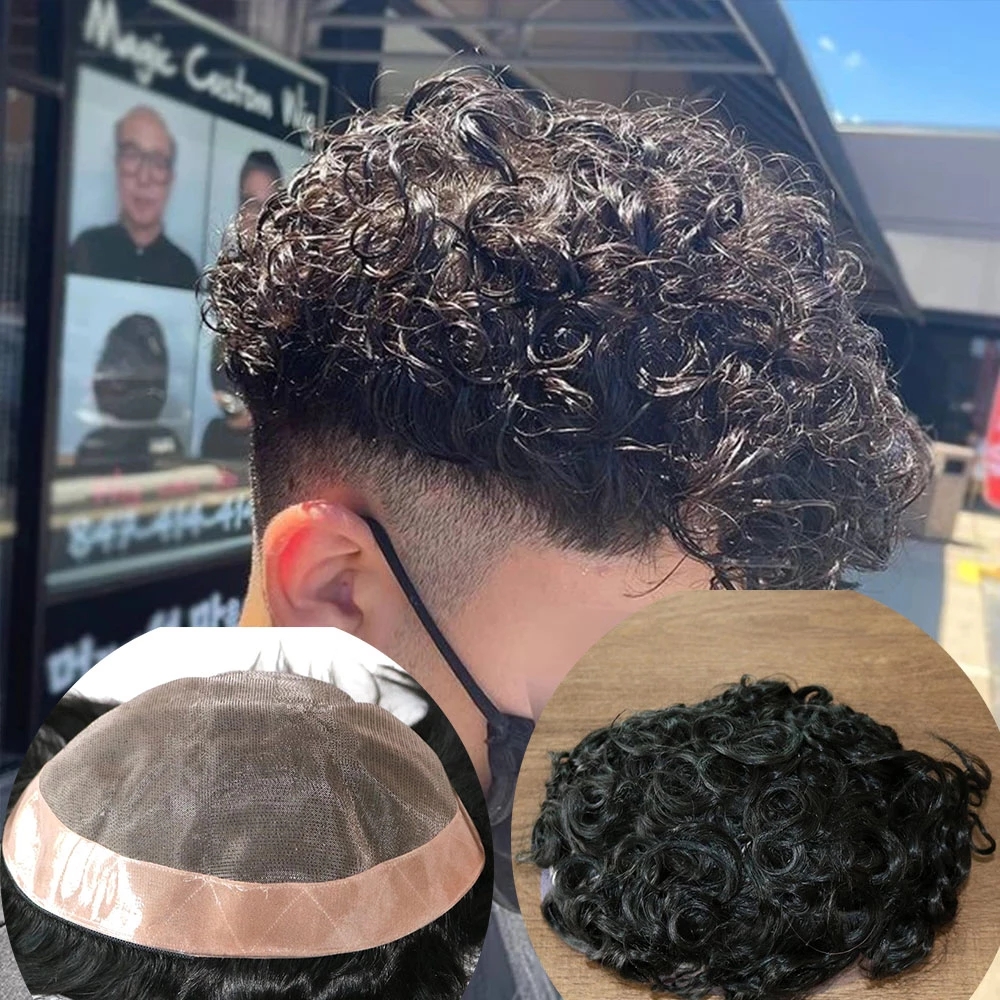 20MM Curly #1B Men's Wig Super Durable Mono Capillary Prosthesis Hair Unit Toupee Men Replacement System Human Hair Wigs For Male