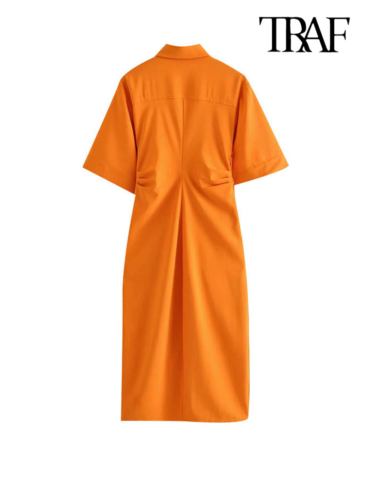 TRAF Women Chic Fashion Buttonup Draped Midi Shirt Dress Vintage Short Sleeve Side Zipper Female Dresses Vestidos 220707