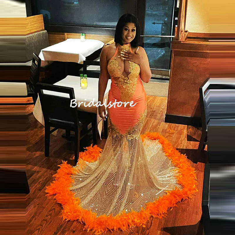 Plus Size Aso Ebi African Evening Dress Nigerian Sparkly Sequin Orange Black Girls Prom Dresses 2022 High Neck Feather Party Gowns For Special Occasio