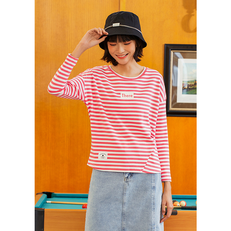 Toyouth Women T-shirts Spring Autumn Long Sleeve Round Neck Tees Stitching Stripes Letters Fish Print Mock Two Piece Chic Tops 220321