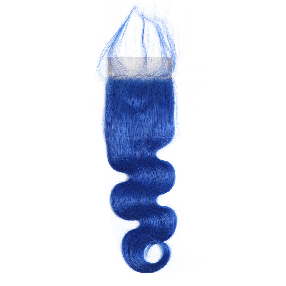 4x4 Transparent Lace Closure Only Colored Blue Human Hair Pre-plucked Brazilian Body Wave Remy Hair