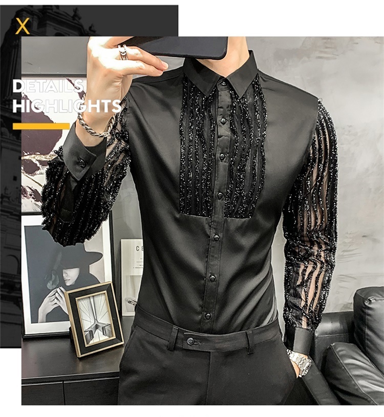 Lace Hollow Shirts for Men Long Sleeve Slim Fit Streetwear Social Party Blouse Nightclub Singer Dj Clothing Camisas Para Hombre 220322