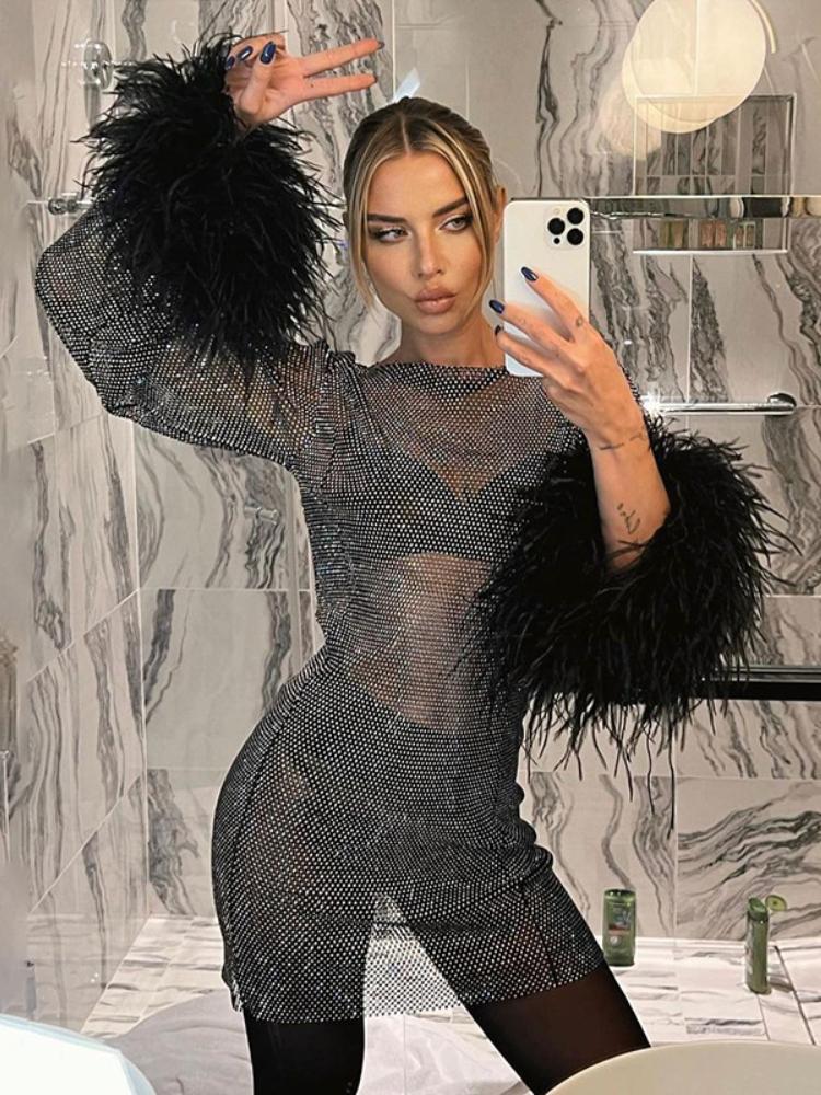 Women's Sexy Mesh Mini Dress With Feathers Tassel Full Sleeve See Through Summer Pink Shinny Club Party Outfit Polyester B4