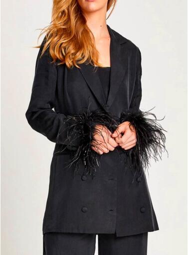 GETSPRING Women Blazer dress elegant Long Black Feather Coats Jacket suit double breasted Bandage outfit Spring autumn 220402