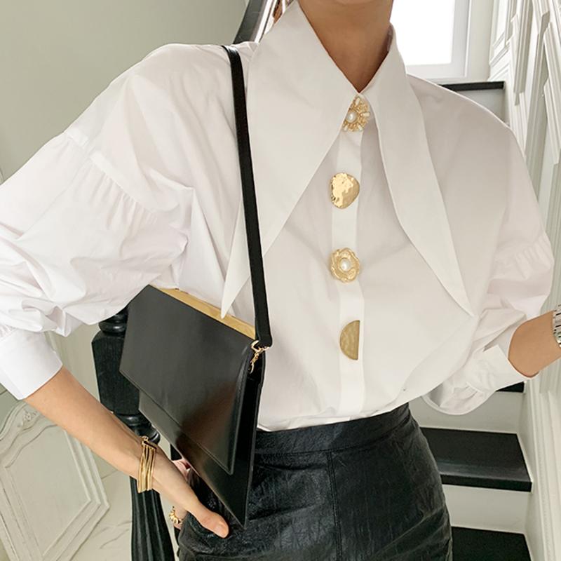 Women's Blouses & Shirts Designer Metal Buttons Spring Blouse Women Lantern Sleeve White Tops Turn Down Collar Korean Top Elegant Offi