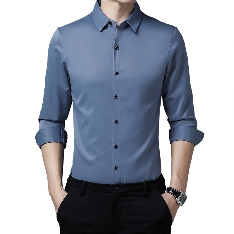 BROWON Autumn Shirts for Men Long Sleeve Solid Color Anti-wrinkle Wedding Turn-down Collar Business 220322