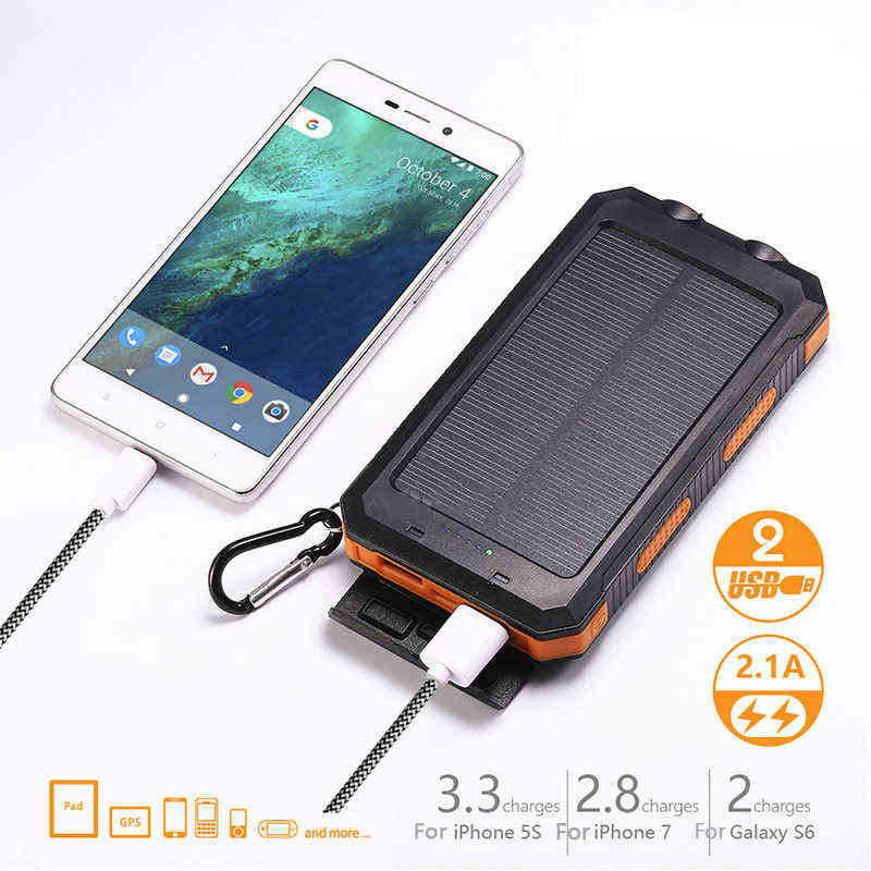 Solar Power Bank Mah Waterproof Portable Solar Charger Power Bank External Battery Power Bank With Led Camping Light J220531