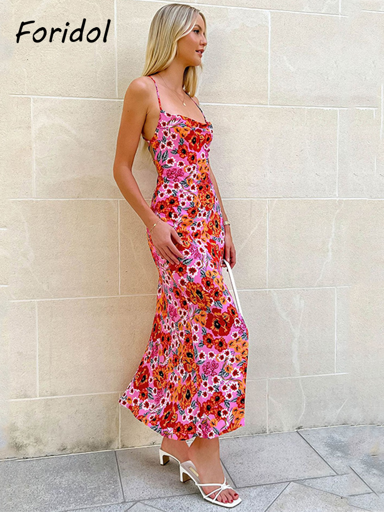 Foridol Backless Criss-cross Red Long Floral Dress Robe Female Sundress Sleeveless Boho Maxi Spaghetti Strap Lady Elegant Dress 220511