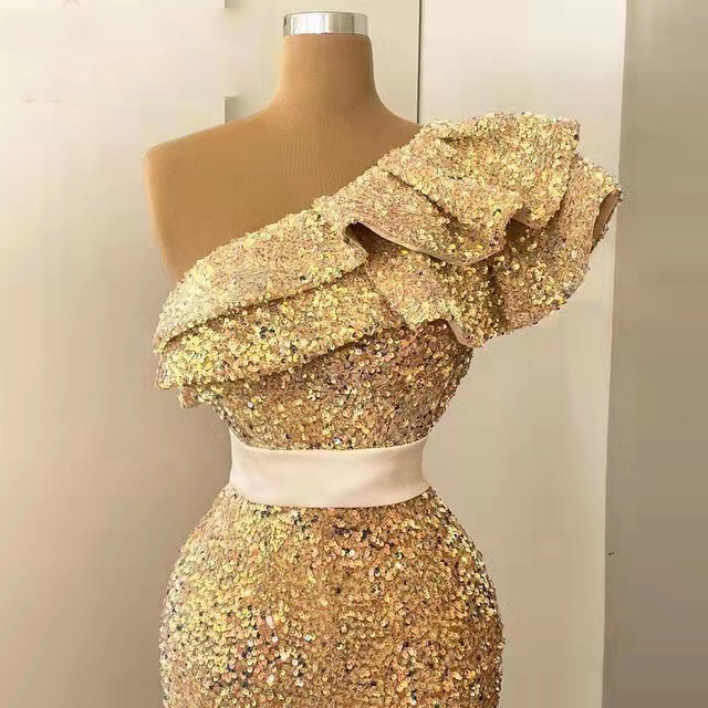 Lilac Lavender Sequins Mermaid Evening Dresses Ruffles One Shoulder Sparkly Arabic Aso Ebi Prom Party Second Engagament Dress In Stock