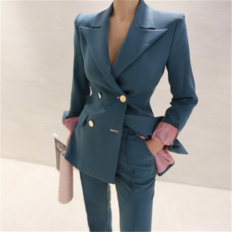 Runway Women's Blazer Suit 2 Pieces Set Autumn Elegant Fashion Doublebreasted OL Bussines Office Lady Blazer Pants Suits