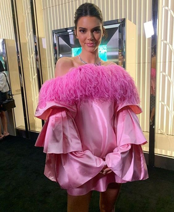 Fuchsia Stain Feather Short Prom Cocktail Dresses Kendall Jenner 2022 Long Sleeve Off Shoulder Red Carpet Celebrity Evening Gown